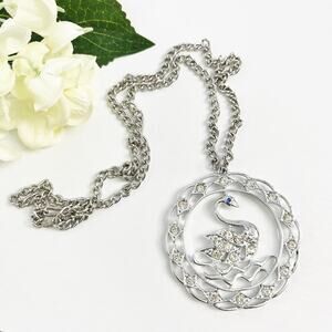 Sarah Coventry 70s Vintage Crystal Swan Lake Pendant Necklace